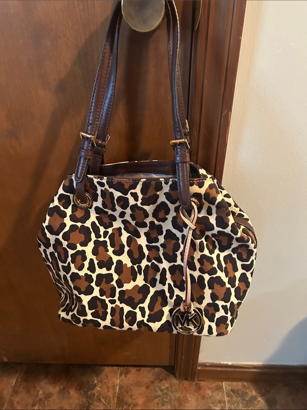 MICHAEL Michael Kors Leopard Print Shoulder Bag in Brown and Cream